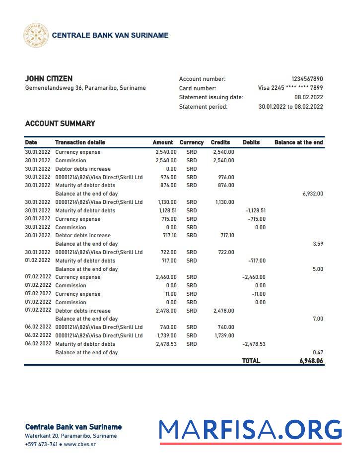 Printable Suriname Centrale Bank Van Suriname bank stetement excel sample